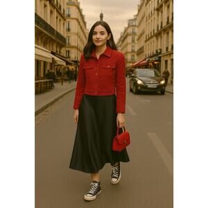 Red Textured Cropped Jacket Modern Moto Parisian Chic Soft Grunge Sz 8